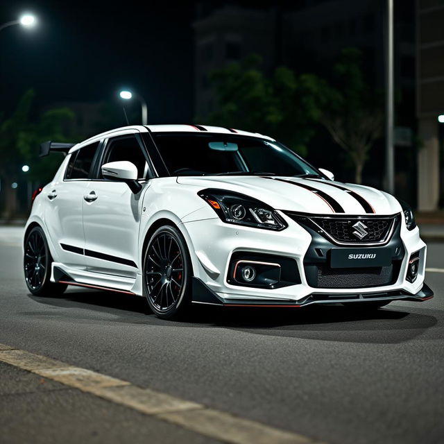 A Suzuki Baleno painted in a sleek white, modified with aerodynamic sports car features