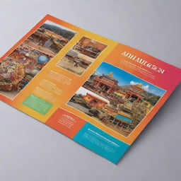 Design a visually appealing, colorful brochure for a place named 'Ajiāngaden', featuring highlights about its culture, attractions, and native cuisine.