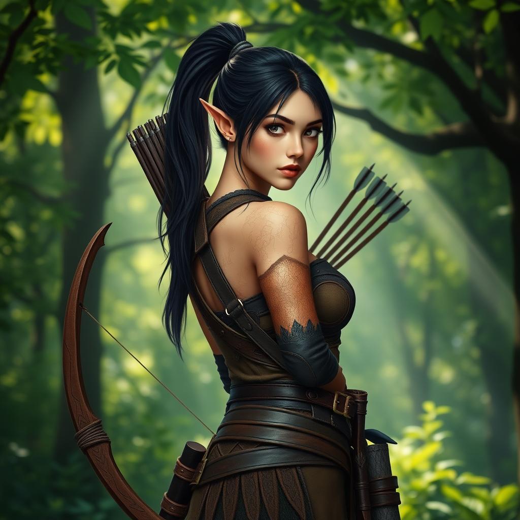 A female wood elf ranger with dark hair tied in a ponytail, standing poised in a verdant forest