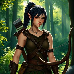 A female wood elf ranger with dark hair tied in a ponytail, standing poised in a verdant forest