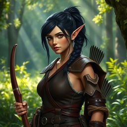 A female wood elf ranger with dark hair tied in a ponytail, standing poised in a verdant forest