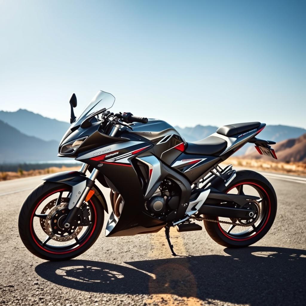 A powerful and stylish Honda CBR650R motorcycle, positioned confidently on an open road surrounded by mountains