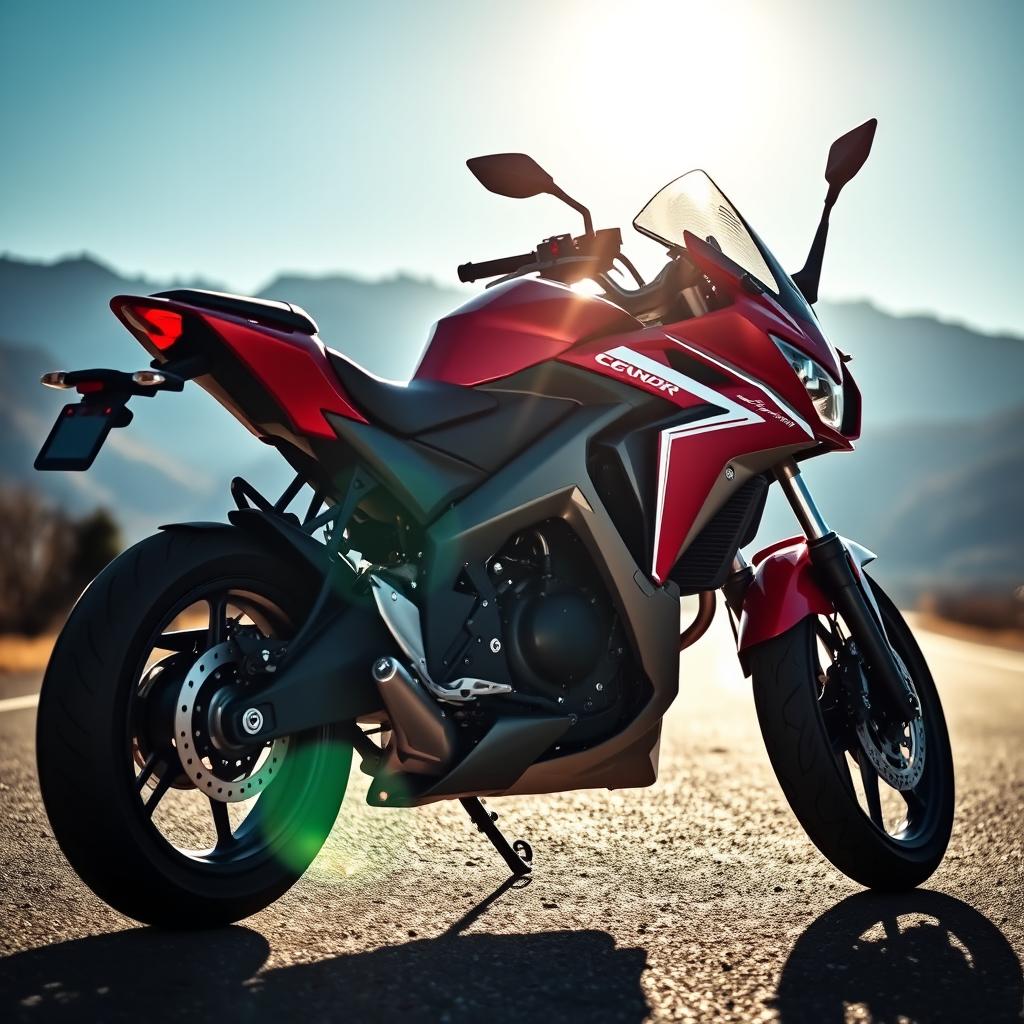 A powerful and stylish Honda CBR650R motorcycle, positioned confidently on an open road surrounded by mountains