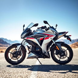 A powerful and stylish Honda CBR650R motorcycle, positioned confidently on an open road surrounded by mountains