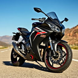 A powerful and stylish Honda CBR650R motorcycle, positioned confidently on an open road surrounded by mountains