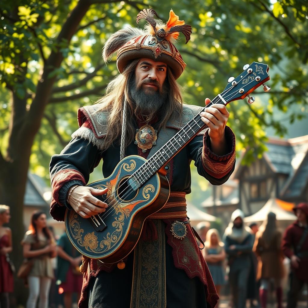 A majestic bard standing confidently, adorned in ornate and colorful medieval garb