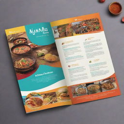 Design a visually appealing, colorful brochure for a place named 'Ajiāngaden', featuring highlights about its culture, attractions, and native cuisine.