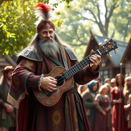 A majestic bard standing confidently, adorned in ornate and colorful medieval garb