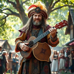 A majestic bard standing confidently, adorned in ornate and colorful medieval garb