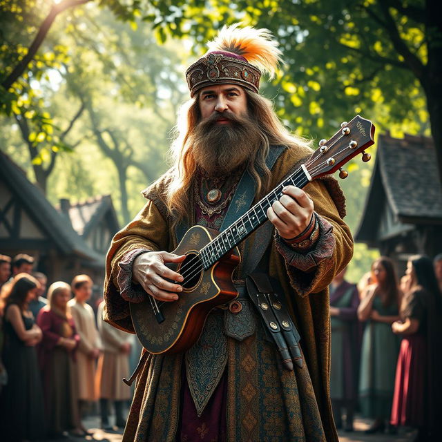 A majestic bard standing confidently, adorned in ornate and colorful medieval garb