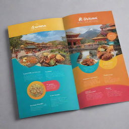 Design a visually appealing, colorful brochure for a place named 'Ajiāngaden', featuring highlights about its culture, attractions, and native cuisine.