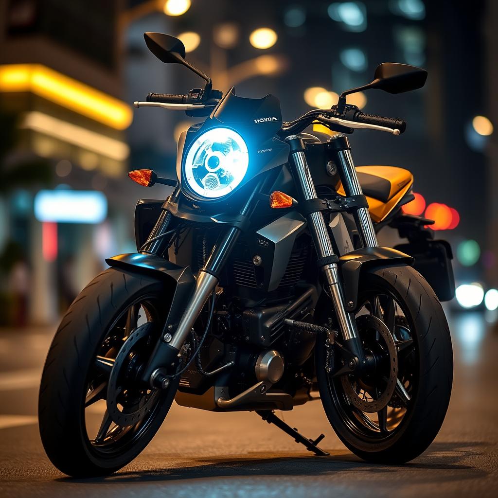 The robust and muscular Honda CB1000R motorcycle, elegantly poised on a city street at night