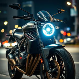 The robust and muscular Honda CB1000R motorcycle, elegantly poised on a city street at night