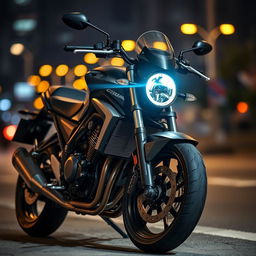 The robust and muscular Honda CB1000R motorcycle, elegantly poised on a city street at night