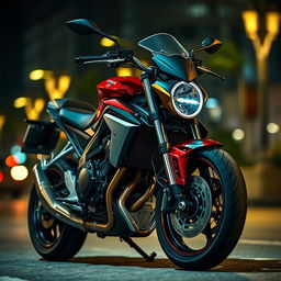 The robust and muscular Honda CB1000R motorcycle, elegantly poised on a city street at night