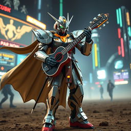 A majestic bard in gundam style armor, standing confidently with a battle ukulele