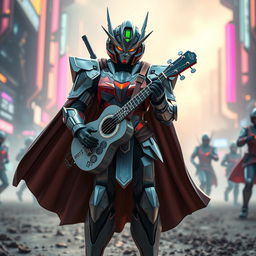 A majestic bard in gundam style armor, standing confidently with a battle ukulele