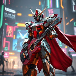 A majestic bard in gundam style armor, standing confidently with a battle ukulele