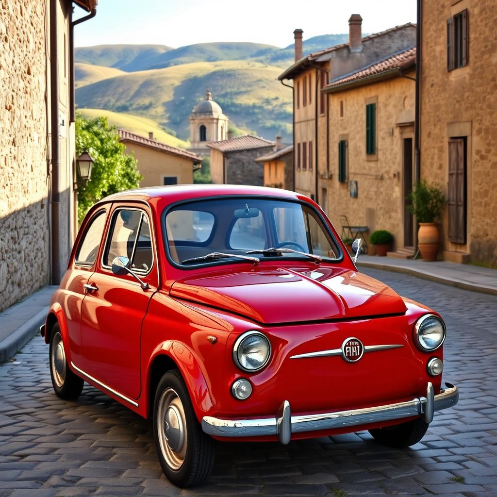 A classic Fiat 600 parked on a picturesque cobblestone street in a small Italian village