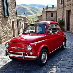 A classic Fiat 600 parked on a picturesque cobblestone street in a small Italian village