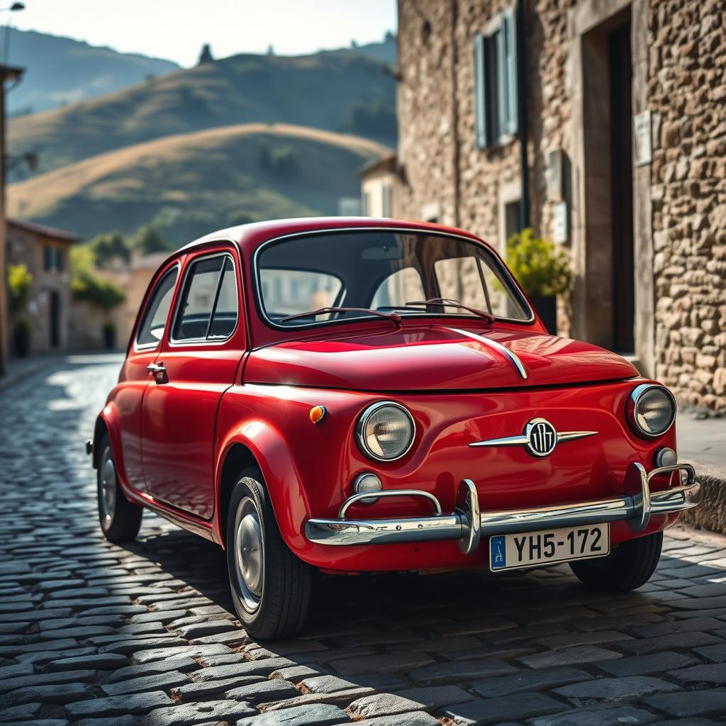 A classic Fiat 600 parked on a picturesque cobblestone street in a small Italian village