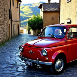 A classic Fiat 600 parked on a picturesque cobblestone street in a small Italian village