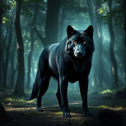 A dire wolf with the features of a black Labrador, standing majestically in a mystical forest