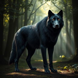 A dire wolf with the features of a black Labrador, standing majestically in a mystical forest