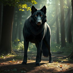 A dire wolf with the features of a black Labrador, standing majestically in a mystical forest