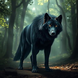 A dire wolf with the features of a black Labrador, standing majestically in a mystical forest