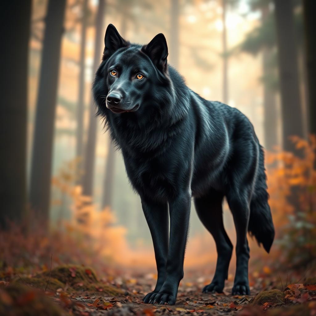 A unique creature that is a mix between a dire wolf and a black Labrador, standing in a vibrant, mystical forest