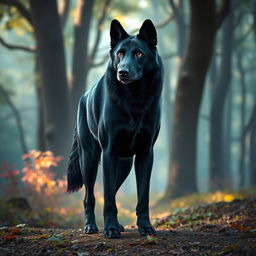 A unique creature that is a mix between a dire wolf and a black Labrador, standing in a vibrant, mystical forest