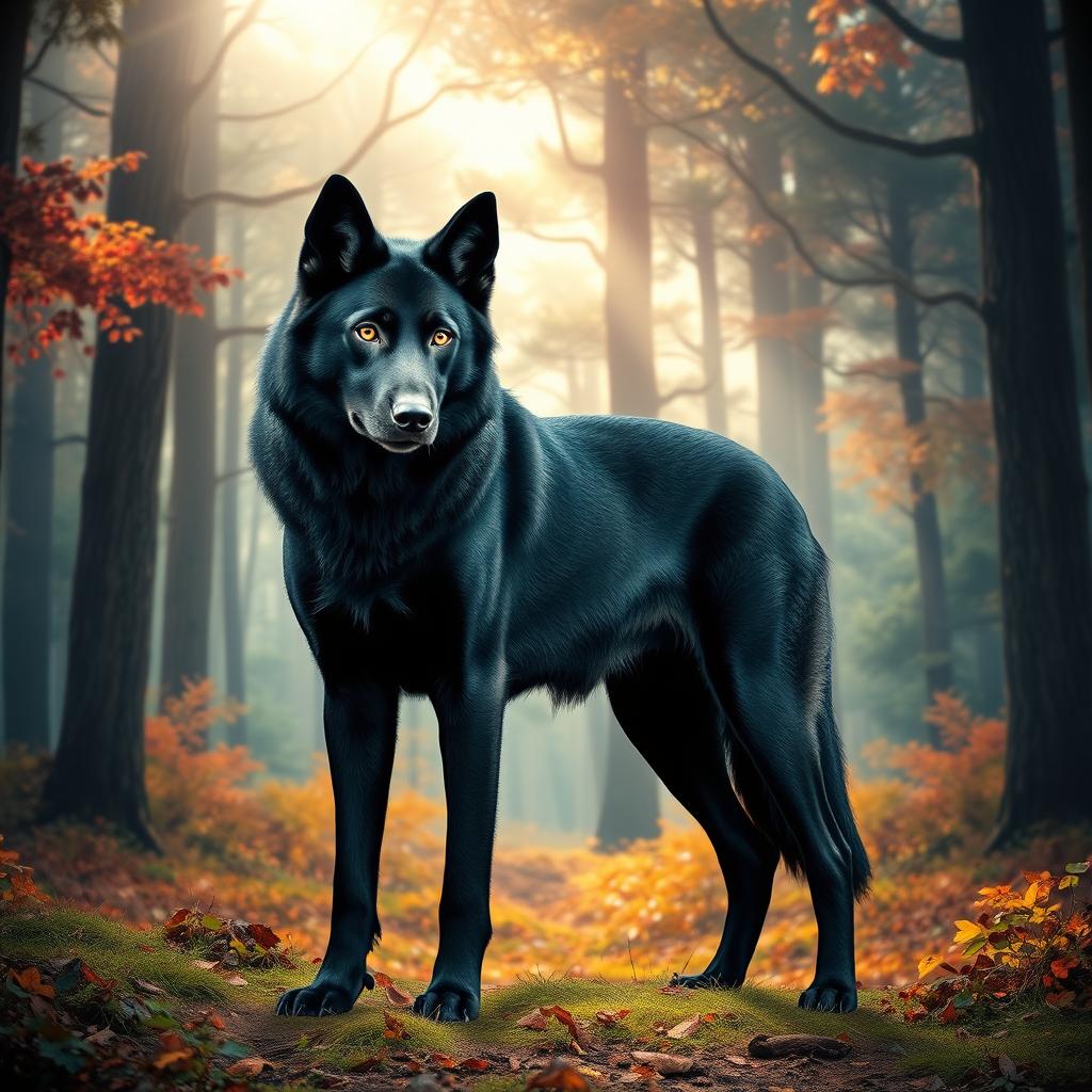 A unique creature that is a mix between a dire wolf and a black Labrador, standing in a vibrant, mystical forest