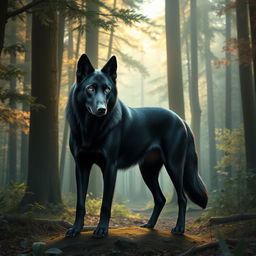 A unique creature that is a mix between a dire wolf and a black Labrador, standing in a vibrant, mystical forest