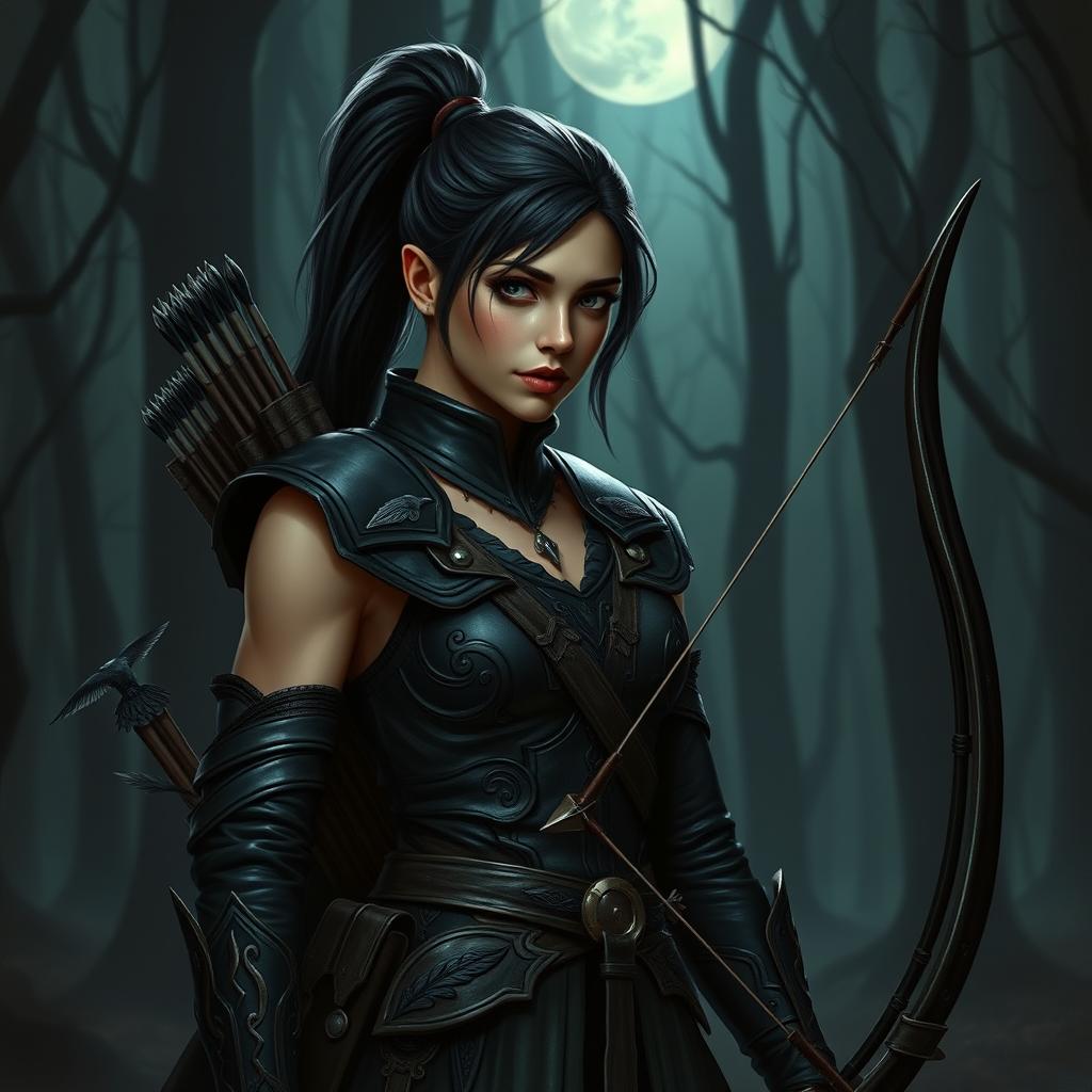 A female wood elf ranger devoted to the Raven Queen, characterized by her dark brunette hair pulled into a sleek ponytail