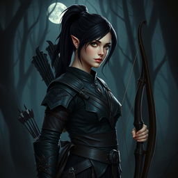 A female wood elf ranger devoted to the Raven Queen, characterized by her dark brunette hair pulled into a sleek ponytail