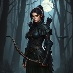 A female wood elf ranger devoted to the Raven Queen, characterized by her dark brunette hair pulled into a sleek ponytail