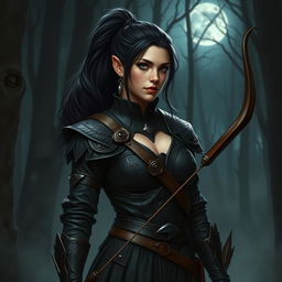 A female wood elf ranger devoted to the Raven Queen, characterized by her dark brunette hair pulled into a sleek ponytail