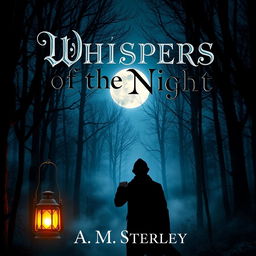 A captivating novel cover featuring a mysterious and misty forest at midnight, illuminated by a glowing full moon peeking through the branches