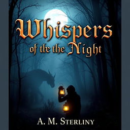 A captivating novel cover featuring a mysterious and misty forest at midnight, illuminated by a glowing full moon peeking through the branches