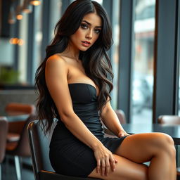 A stunning brunette baddie with captivating medium-sized breasts, wearing a stylish mini skirt