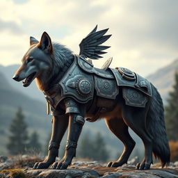 A magnificent dire wolf with flappy ears, wearing an intricately designed artificer's engineered fold-out style plate armored saddle and bridle