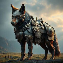 A magnificent dire wolf with flappy ears, wearing an intricately designed artificer's engineered fold-out style plate armored saddle and bridle