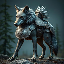 A magnificent dire wolf with flappy ears, wearing an intricately designed artificer's engineered fold-out style plate armored saddle and bridle