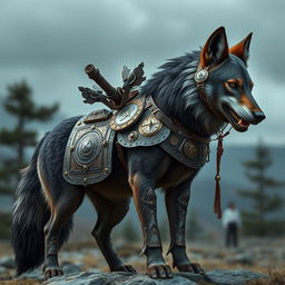 A magnificent dire wolf with flappy ears, wearing an intricately designed artificer's engineered fold-out style plate armored saddle and bridle