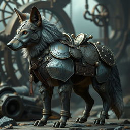 A magnificent dire wolf with flappy ears, donning an intricately crafted artificer's engineered fold-out style plate armored saddle and bridle