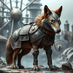 A magnificent dire wolf with flappy ears, donning an intricately crafted artificer's engineered fold-out style plate armored saddle and bridle