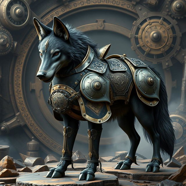 A magnificent dire wolf with flappy ears, donning an intricately crafted artificer's engineered fold-out style plate armored saddle and bridle