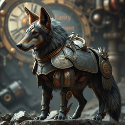 A magnificent dire wolf with flappy ears, donning an intricately crafted artificer's engineered fold-out style plate armored saddle and bridle