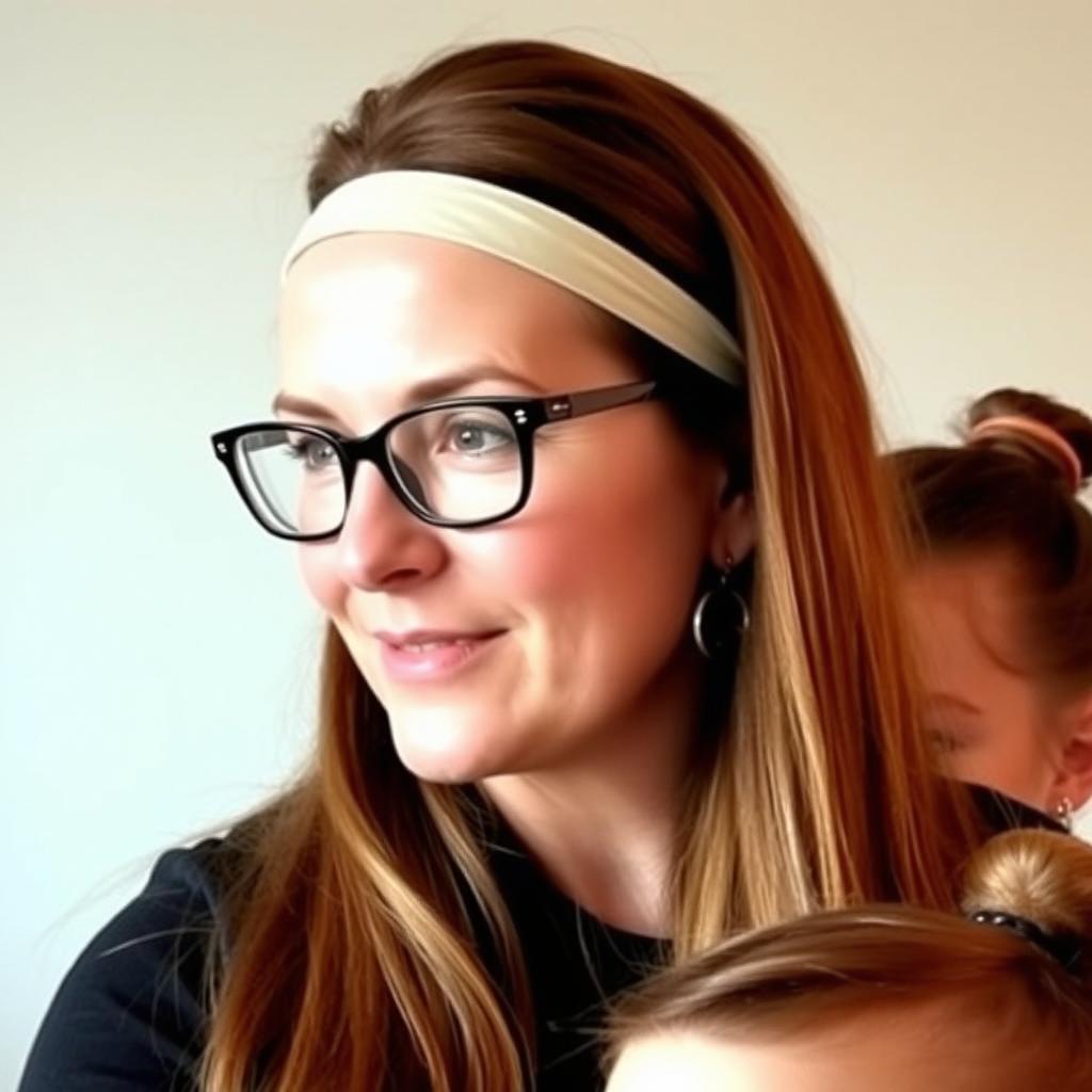 A mother with very long, silky, flowing hair that is not tied, wearing a headband in her hair